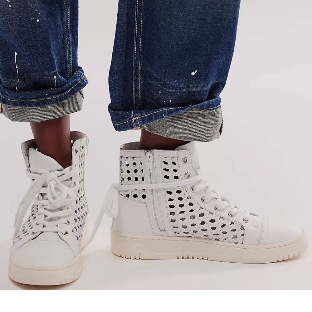Free People Hayes High Top Sneakers Lace Up Side Zip in White Sz 8
